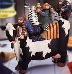 ww1314 kids with ice cream cones and cats riding on cow, holstein, flag quilt, blanket, white cat, gray cat, stripes, start, pigtails check, checkered, checks, boy, girl, sailor, bluebirds, cow licking ice cream cone, blue bird on cat's tail, whimsical, Williraye, americana