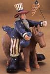 ww1326 patriotic, uncle sam riding donkey holding flag and money sack, stars, stripes, beard, whimsical, Williraye, caricature, americana, top hat, stovepipe hat