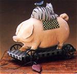 ww1428 pig with cat riding on back pull toy, checkered quilt, blanket, tabby cat, bluebird, heart, wheels, wagon, bluebird, farm, country, unique, country living, rural, home spun