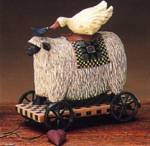ww1429 sheep with goose riding on back pull toy, ohio star quilt, bluebird, heart, wheels, cart, checks, checker, checks, checkered quilt, checked quilt, blanket, americana, primitive, country, farm, country living, rural, home spun, innocent