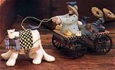 ww2741 cat pulling wagon with girl and kitten pull toy, sunflower, bluebird, white cat, star, gray cat, wheels, pull toy, checkers, tabby, farm, country, rural, home spun, old fashioned