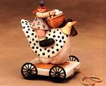 ww7502 girl holding basket of eggs riding chicken pull toy, wheels, flowers, chicken, rooster, bluebird, whimsical, Williraye, caricature, americana, primitive