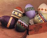 ww7508 decorated eggs, Easter, large, hand painted eggs, purple, lilac, flying geese, triangles, check, checkered, checks, stars, ohio star, green, flying geese, tan egg, eggshell, orange, sage, purple
