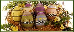 ww7408 Large pastel goose eggs with country designs of bunnies, ducks, chicks, & checks