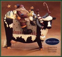 WW2388 Santa, a cat and a snowman ride a blanketed cow