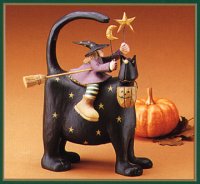 WW6014 Little girl witch on a star studded black cat carries a broom, moon and star