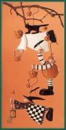 WW6033 A witch, pumpkin kid and jack o'lantern ghost & black cat hanging ornaments