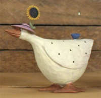 WW7723 Goose wearing purple sunflower hat - bluebird on her back