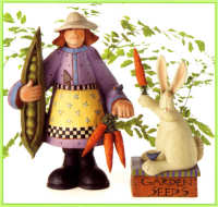 WW7516 Aproned gardener displaying peas and carrots - WW7517 Rabbit and bird