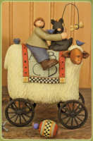 WW7680 A girl and her dog, and bird, ride a sheep pull toy